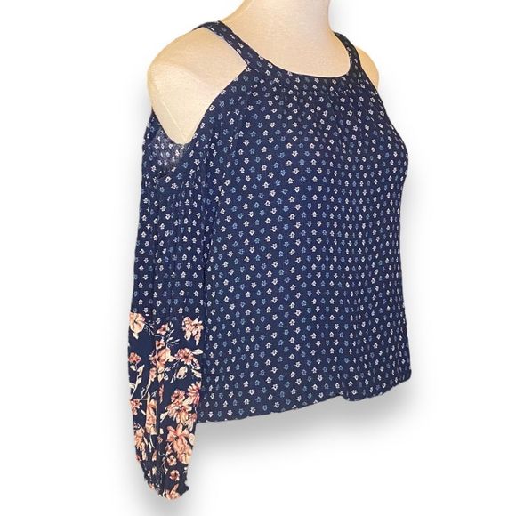 🎈 Mossimo Supply Co Navy Floral Cold Shoulder Long Sleeve Blouse Top Size XS - Picture 1 of 10